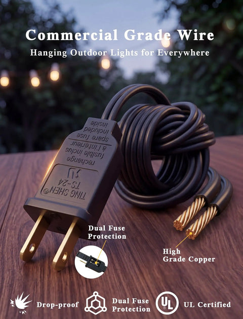 Close-up of commercial grade wire and plug for 50 Foot G40 Globe Outdoor String Lights With 53 Bulbs And 3 Spares Waterproof