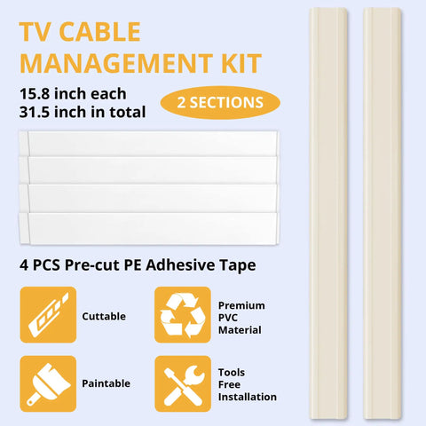 Wall Cord Cover Kit For TV Setup, 32 Inch Long Paintable Cable Concealer To Hide Wires, Beige Wire Raceway 2 Pack in packaging.
