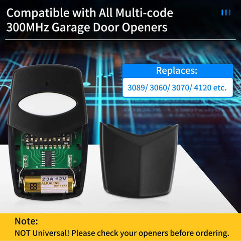 Multi Code 300 MHz Gate Opener Remote Clicker With 10 Dip Switches Plug And Play Easy Install Compatible With Most Multi Code Garage Door Openers 3089 Style 308911 1089 3070 3060 2 Pack Replacement Transmitter For Gate Controller showing open battery compartment and circuit board