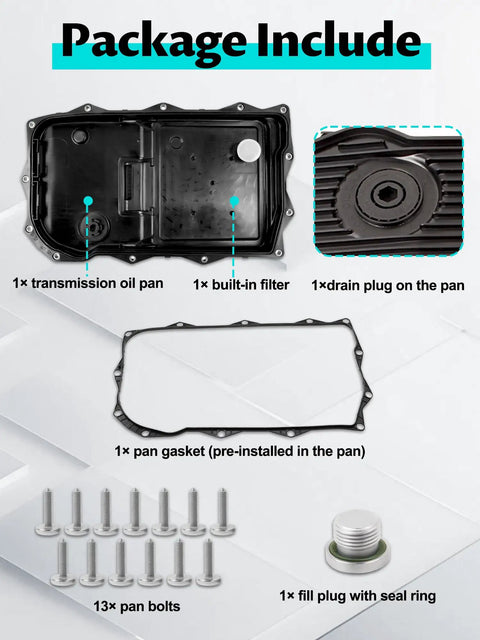 Package contents of Transmission Oil Pan Filter And Gasket Kit For 8 Speed Automatic Transmissions with components displayed