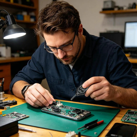 Technician using Portable Coil Tester For PCB Diagnostics And Inductor Fault Detection High Sensitivity Board Checker