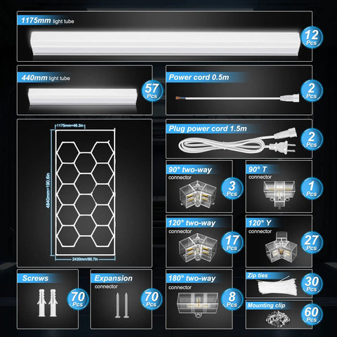 Hexagon Garage Light With Rectangle Frame components, including light tubes, connectors, power cords, screws, and mounting clip