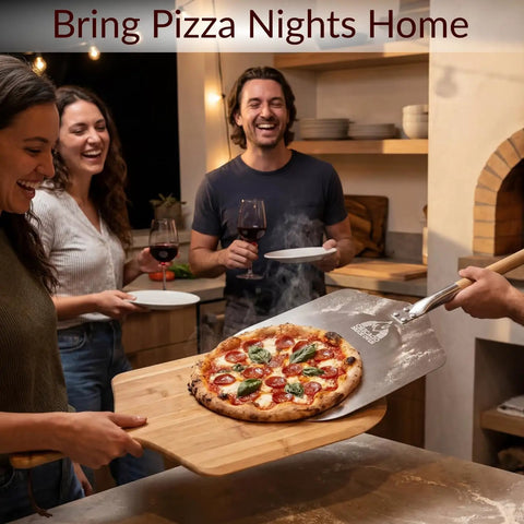 People enjoying pizza served on a Pizza Peel 12 By 14 Aluminum Paddle With 21 Inch Detachable Wooden Handle in a kitchen setting.