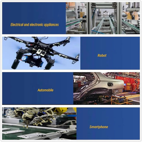 Collage of images showing electrical appliances, a drone, an automobile, and a robotic arm in an industrial setting.