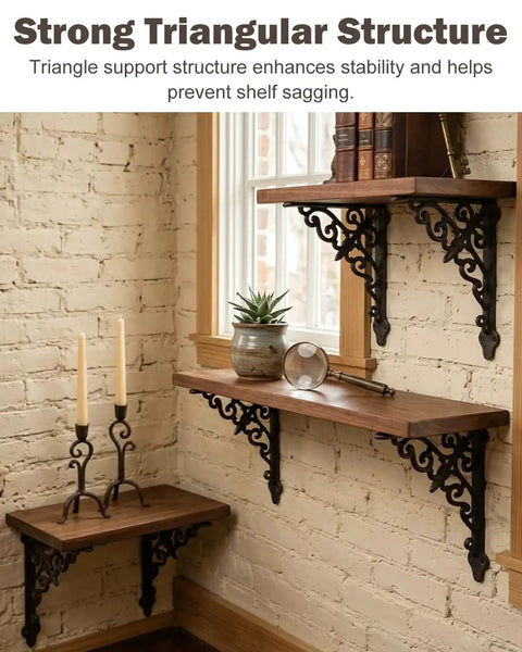 Rock Solid Vintage Cast Iron Shelf Brackets With Ornate European Scroll Design And Heavy Duty Floating Wall Mount Support For A Total Home Game Changer, showcasing strong triangular support on wooden shelves.