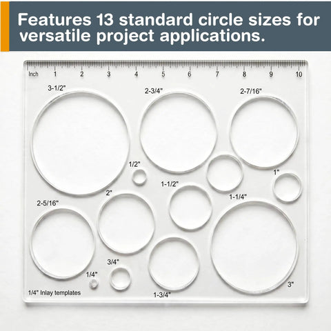 A Damn Sharp Transparent Acrylic Router Template For Woodworking with 13 circle sizes for precise grommet cuts and inlay work.