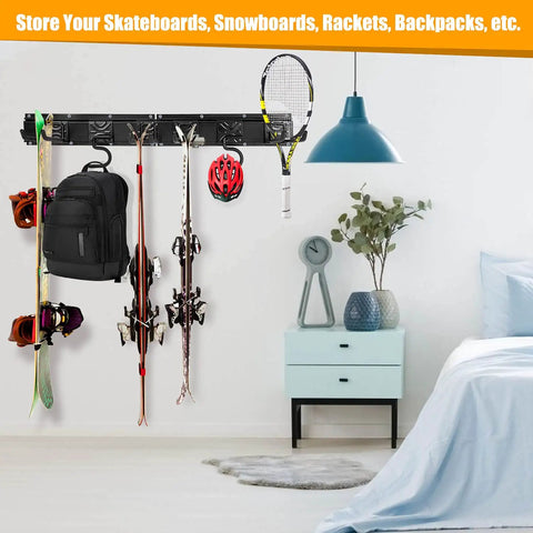 Garage Storage Wall Mount Organizer With 6 Tool Hooks And 2 Shelves, holding sports equipment in a room.
