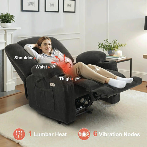 Person relaxing in a Zero Gravity Power Recliner Chair With Heat And Massage, USB Type C Ports, Cup Holders, And TV Mode, Living Room Fabric Recliner 155 Degree Comfort Grey showing massage points.
