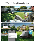 Robot Lawn Mower With Vision Navigation For 0.3 Acre Yards Hands Free Auto Mapping Wire Free Setup Multi Zone Management AI Obstacle Avoidance App Control displayed on smartphone in backyard.