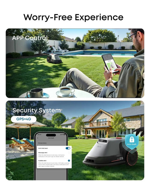 Robot Lawn Mower With Vision Navigation For 0.3 Acre Yards Hands Free Auto Mapping Wire Free Setup Multi Zone Management AI Obstacle Avoidance App Control displayed on smartphone in backyard.