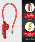 Digital Tire Inflator with Backlit Gauge, 5-220 psi, red EPDM hose, grip chuck clip, 1 psi precision, car and bike tire use.