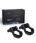 Badass D Ring Shackle Two Pack Packing 62700 Lbs Break Strength With Seven Eighth Inch Screw Pin Plus Shackle Isolator Washers Kit for heavy duty towing on a black background.