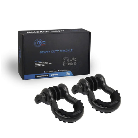 Badass D Ring Shackle Two Pack Packing 62700 Lbs Break Strength With Seven Eighth Inch Screw Pin Plus Shackle Isolator Washers Kit for heavy duty towing on a black background.