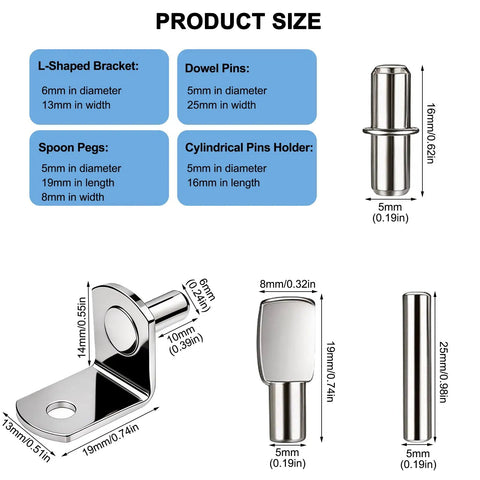 104 Piece Nickel Plated Shelf Support Pins For Kitchen Cabinets Bookshelves And Closets Packed With Four Heavy Duty Metal Peg Designs dimensions and sizes chart.