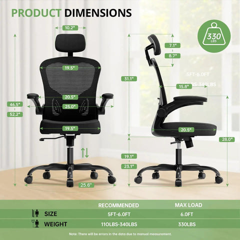 Ergonomic Desk Chair For Long Hours With High Back And Plush Lumbar Support, Flip Up Armrests, Rolling Swivel, 330 Lbs Capacity dimensions