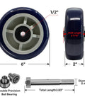 Heavy Duty 6 Inch By 2 Inch Caster Wheels With Polyurethane Tread On Polypropylene Core One Half Inch Axle Bore Double Precision Ball Bearings 1200 Lbs Capacity For Industrial Carts And Dollies Pack Of 100, wheel and dimensions