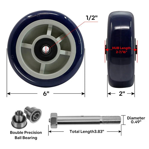 Heavy Duty 6 Inch By 2 Inch Caster Wheels With Polyurethane Tread On Polypropylene Core One Half Inch Axle Bore Double Precision Ball Bearings 1200 Lbs Capacity For Industrial Carts And Dollies Pack Of 100, wheel and dimensions