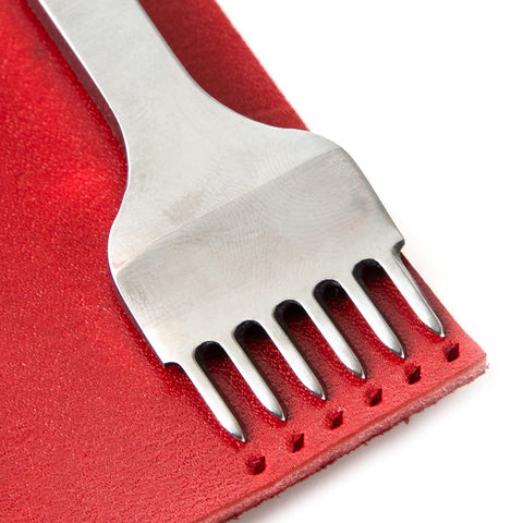 Leather Punch Kit For DIY Leathercraft, 4mm Hole Punch Set with 6 Teeth Prong Chisel on red leather, High Speed Steel