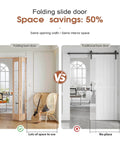 Comparison of Bi-Fold Doors For 36 By 80 Opening With Tempered Frosted Glass Cross Panels and Traditional Barn Doors highlighting space savings.