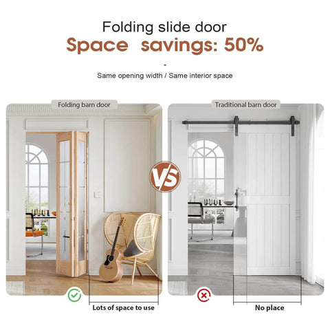 Comparison of Bi-Fold Doors For 36 By 80 Opening With Tempered Frosted Glass Cross Panels and Traditional Barn Doors highlighting space savings.