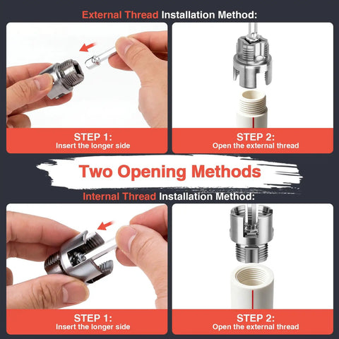 Instructions for GrenTools 3 Piece Pvc Pipe Threader Kit for 1/2 Inch, 3/4 Inch, And 1 Inch Pipes showing external and internal thread methods.
