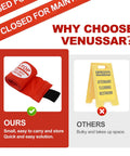 Hecka Visible 4 Pack Closed For Maintenance Magnetic Door Signs For Metal Frames With Bold Red Text And Secure Clips For Retail Shops Or Local Businesses, shown with red safety tape.