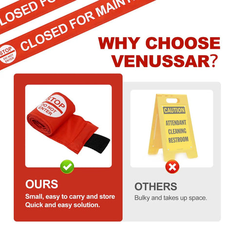 Hecka Visible 4 Pack Closed For Maintenance Magnetic Door Signs For Metal Frames With Bold Red Text And Secure Clips For Retail Shops Or Local Businesses, shown with red safety tape.