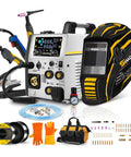 6 In 1 All In One Multi Process Welder With Flux MIG And Gas MIG Plasma Cutter HF TIG And Stick Spool Gun Lift TIG Auto Darkening Helmet Tool Bag And Consumables For Home DIY And Pro Shop Use displayed with accessories