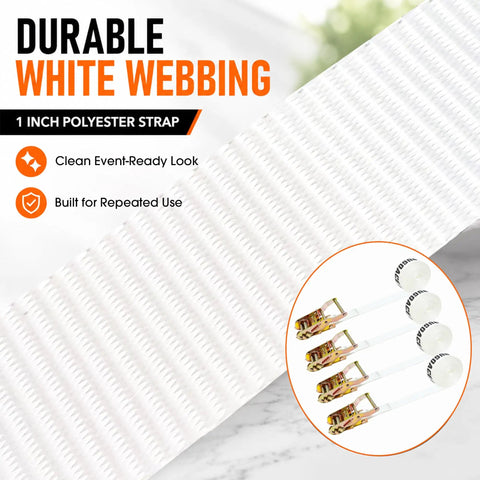 4 Pack Heavy Duty 1 Inch By 10 Foot Endless Ratchet Tie Down Straps Locked In Tough For Secure Hauling With 2500 Pounds Breaking Strength And No Slip Grip, showing durable white webbing and ratchets.