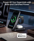 Prime 3 In 1 Wireless Charging Station With AirCool Tech 25W Qi2.2 MagSafe Charger on desk charging iPhone, Watch, AirPods
