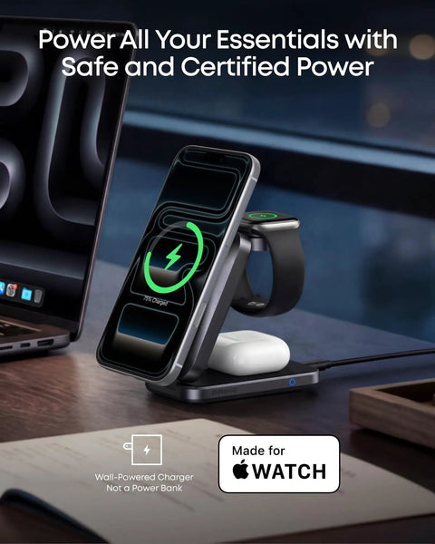 Prime 3 In 1 Wireless Charging Station With AirCool Tech 25W Qi2.2 MagSafe Charger on desk charging iPhone, Watch, AirPods
