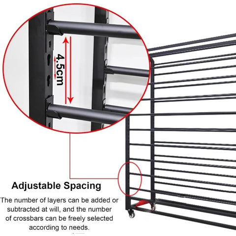Dang Sturdy Heavy Duty Vinyl Roll Storage Rack showing adjustable spacing of 4.5cm across removable metal crossbars.
