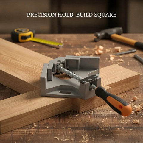 Hefty Heavy Duty Single Handle Right Angle Clamp Locks Metal And Wood At Precise 90 Degrees on wooden surface for assembly projects.