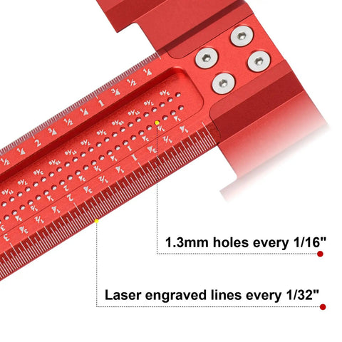 Close-up of Dope T Square Ruler For Woodworking 24in Scriber With Built In Support Lips, showing laser-engraved lines and 1.3mm holes