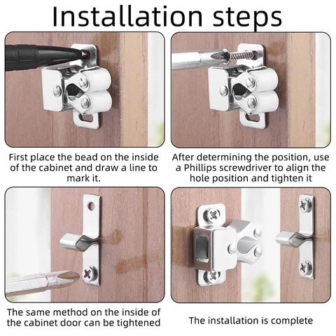 6 Self-Adjusting Double Roller Ball Door Catches Made From Durable Alloy Steel For Cabinets And Drawers To Keep Stuff Secure And Tight Without Any Gaps Or Loose Fits Around The House installation steps with screws and cabinet wood.