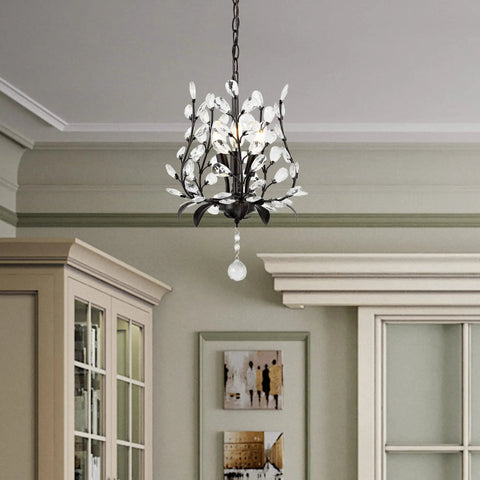 Oil Rubbed Bronze 12 Inch 3 Light Dope Bohemian Pendant Light With Vintage LED Branch Ceiling Fixture For Kitchen Island, Bedroom, And Bathroom, Clear Acrylic Crystals, Energy Saving Bulbs Included hanging in room