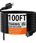 100 Ft Heavy Duty Extension Cord 16 Gauge Black Indoor Outdoor Water Resistant SJTW 3 Prong Grounded Tough As Nails Flexible