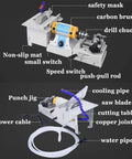 3 In 1 Jewelry Polishing Buffer Machine with 750W power, labeled components, drill chuck, cooling pipe, and safety mask.