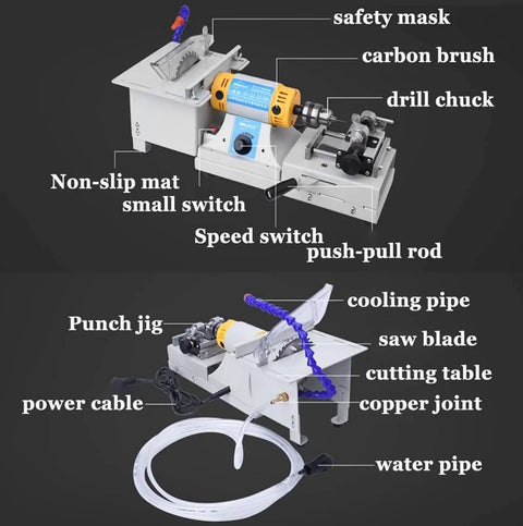 750W 3-In-1 Jewelry Buffing Polisher Grinder with drill chuck, safety mask, carbon brush, saw blade, cooling and water pipes