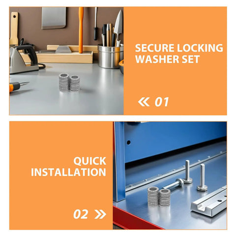 30 Pair M10 Double Layer Self Locking Wedge Shaped Anti Vibration Safety Washers Built From Heavy Manganese Steel on a work table.