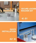 30 Pairs Tough As Nails M10 Manganese Steel Wedge Locking Washers stacked on a workbench, used for secure installations.