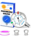 Stainless Steel Liquid Filled Pressure Gauge With 2.5 Inch Dial 0 To 200 PSI One Quarter Inch NPT Lower Mount Heavy Duty Fits Air Compressors Regulators And Water Filters Includes Stainless Steel Hex Bushing And Snaps box and accessories