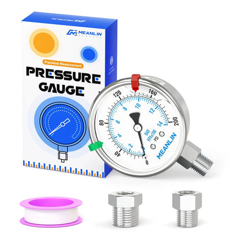 Stainless Steel Liquid Filled Pressure Gauge With 2.5 Inch Dial 0 To 200 PSI One Quarter Inch NPT Lower Mount Heavy Duty Fits Air Compressors Regulators And Water Filters Includes Stainless Steel Hex Bushing And Snaps box and accessories
