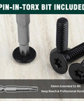 6 32 X 3 4 Inch Black Flat Head Security Torx Screws 304 Stainless Steel 100 Pack With Matched S2 Bit included on a wooden surface.