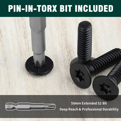 6 32 X 3 4 Inch Black Flat Head Security Torx Screws 304 Stainless Steel 100 Pack With Matched S2 Bit included on a wooden surface.