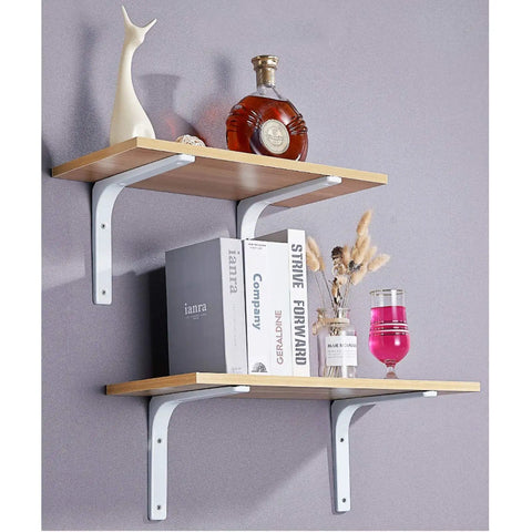 Rock Solid White Heavy Duty L Brackets For Wall Shelves 8 By 6 Inch Thick Steel Shelf Support holding decor and books.