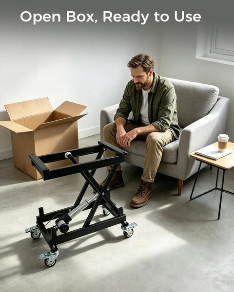 Heavy Duty Electric Lift Table With 320 Lbs Load Capacity, open box in living room, ready for use, premium carbon steel build.