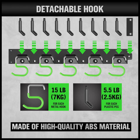 Built Tough 64 Inch Adjustable Wall Mounted Storage System with detachable hooks and ABS material, showing weight capacity.