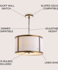 17 Inch Gold And White Metal LED Pendant Light With White Linen Drum Shade For Kitchen Island And Dining Room