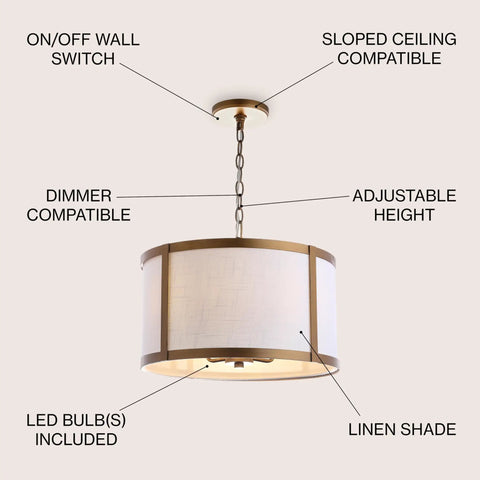 17 Inch Gold And White Metal LED Pendant Light With White Linen Drum Shade For Kitchen Island And Dining Room